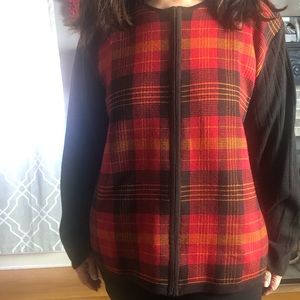 Valerie Stevens Zip Front 100% Extra Fine Merino Wool Plaid Sweater Sz 2X